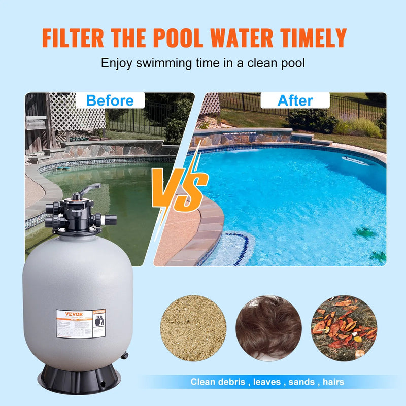 VEVOR peldbaseina smilšu filtrs 610 mm, plūsmas jauda līdz 246 l/min, virszemes un zemē ierīkotiem baseiniem, ar 7 pozīciju daudzfunkcionālu vārstu (filtrēšana, pretmazgāšana, skalošana, recirkulācija, novadīšana, ziemošana, slēgts režīms)