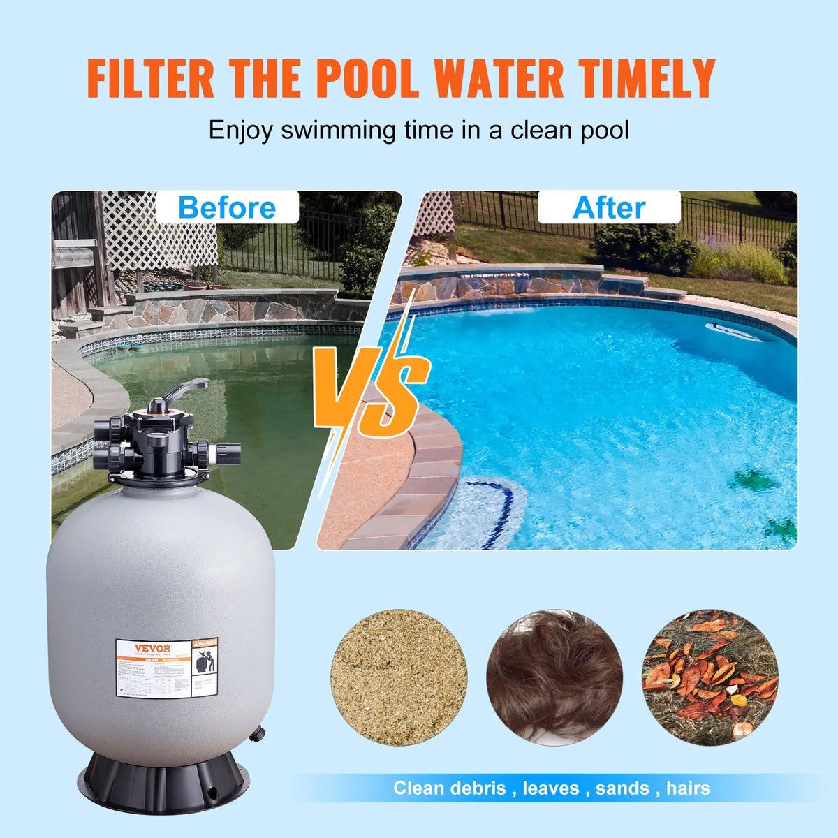 VEVOR peldbaseina smilšu filtrs 610 mm, plūsmas jauda līdz 246 l/min, virszemes un zemē ierīkotiem baseiniem, ar 7 pozīciju daudzfunkcionālu vārstu (filtrēšana, pretmazgāšana, skalošana, recirkulācija, novadīšana, ziemošana, slēgts režīms)