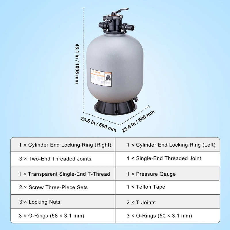 VEVOR peldbaseina smilšu filtrs 610 mm, plūsmas jauda līdz 246 l/min, virszemes un zemē ierīkotiem baseiniem, ar 7 pozīciju daudzfunkcionālu vārstu (filtrēšana, pretmazgāšana, skalošana, recirkulācija, novadīšana, ziemošana, slēgts režīms)