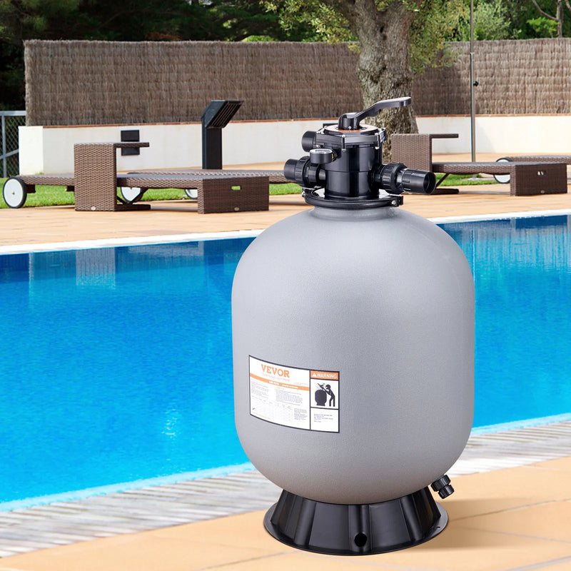 VEVOR peldbaseina smilšu filtrs 610 mm, plūsmas jauda līdz 246 l/min, virszemes un zemē ierīkotiem baseiniem, ar 7 pozīciju daudzfunkcionālu vārstu (filtrēšana, pretmazgāšana, skalošana, recirkulācija, novadīšana, ziemošana, slēgts režīms)