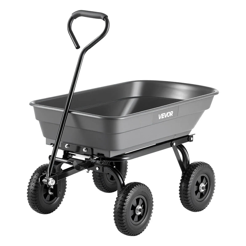 VEVOR Dārza izgāžamie rati 272 kg, polimēra dārza rati ar 90° ātrās izkraušanas mehānismu, 180° grozāmi riteņi un 270° rotējoši gultņi, augu, augsnes un ražas pārvadāšanai