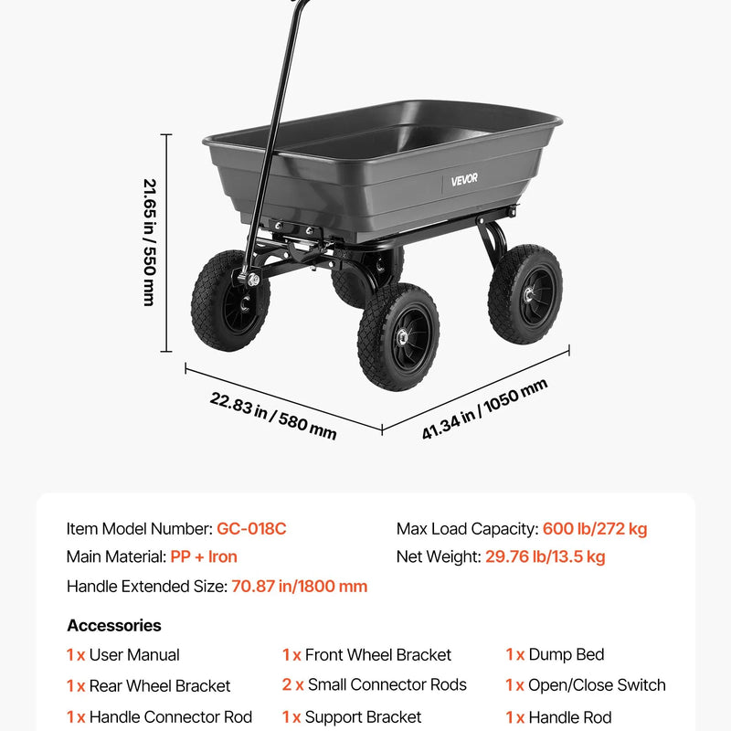 VEVOR Dārza izgāžamie rati 272 kg, polimēra dārza rati ar 90° ātrās izkraušanas mehānismu, 180° grozāmi riteņi un 270° rotējoši gultņi, augu, augsnes un ražas pārvadāšanai