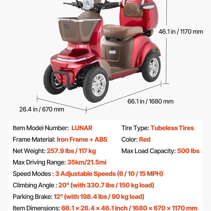 VEVOR smagās klases 4 riteņu mobilitātes skrejritenis senioriem un pieaugušajiem, celtspēja līdz 227 kg, darbības rādiuss līdz 35 km, 3 ātrumu režīmi, 1000 W visurgājējs elektriskais mobilitātes skrejritenis/ratiņkrēsls ar līdz 20° kāpuma spēju