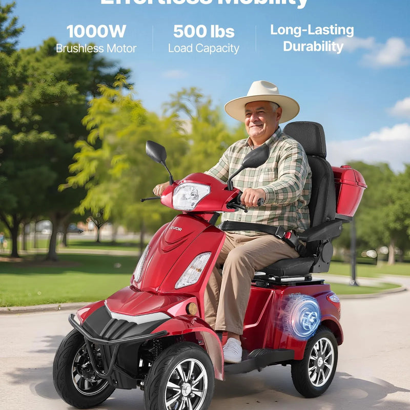 VEVOR smagās klases 4 riteņu mobilitātes skrejritenis senioriem un pieaugušajiem, kravnesība līdz 226,8 kg, nobraukums līdz 35 km, 3 ātrumu režīmi, 1000 W visurgājējs elektriskais mobilitātes skrejritenis/ratiņkrēsls ar kāpuma spēju līdz 20°