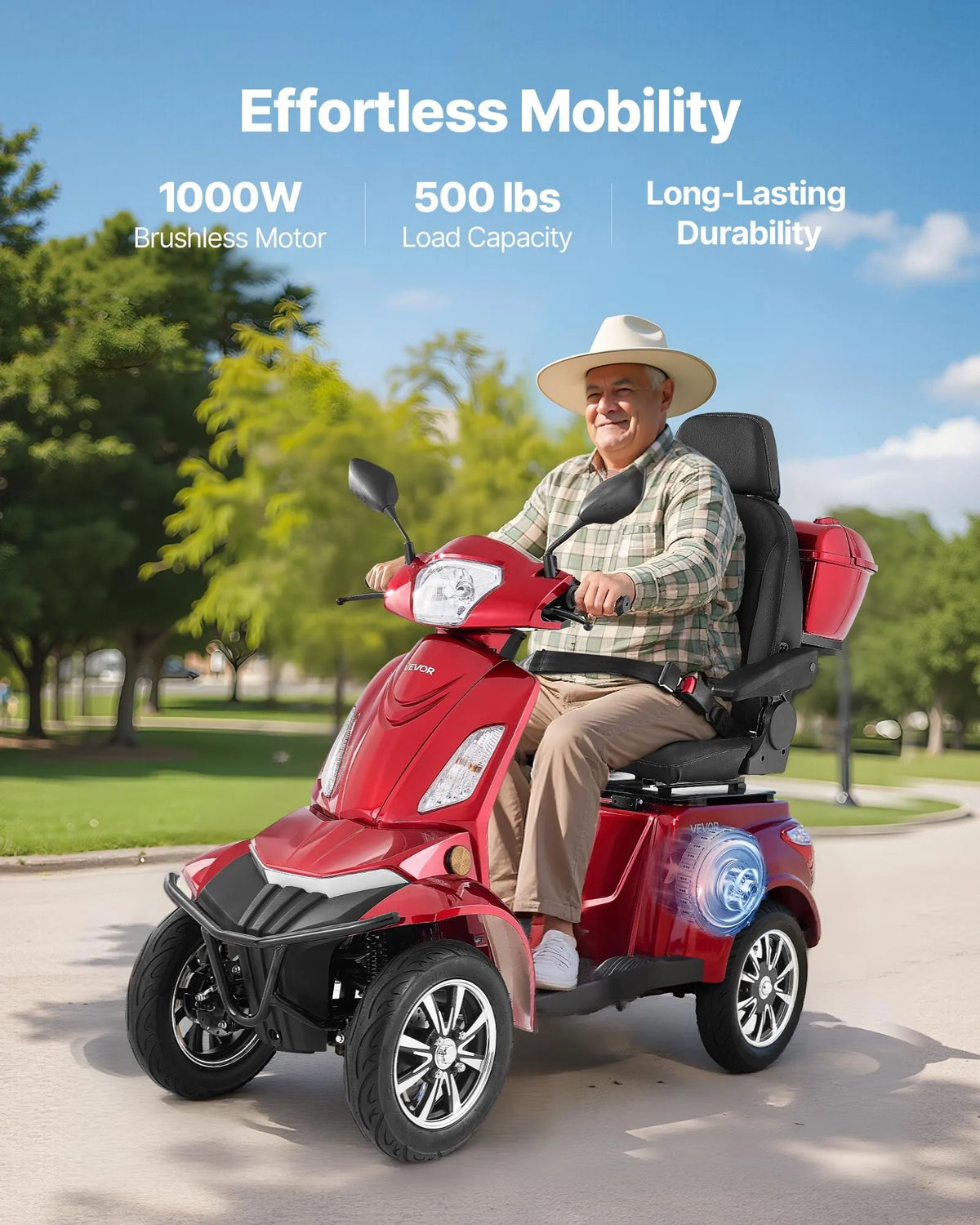 VEVOR smagās klases 4 riteņu mobilitātes skrejritenis senioriem un pieaugušajiem, kravnesība līdz 226,8 kg, nobraukums līdz 35 km, 3 ātrumu režīmi, 1000 W visurgājējs elektriskais mobilitātes skrejritenis/ratiņkrēsls ar kāpuma spēju līdz 20°