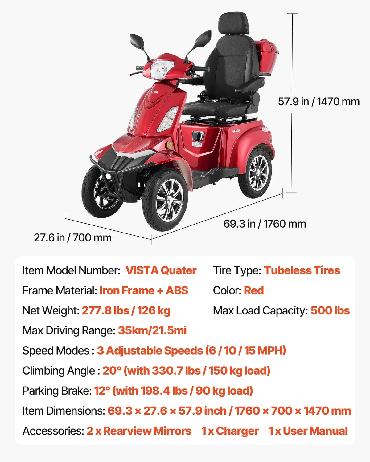 VEVOR smagās klases 4 riteņu mobilitātes skrejritenis senioriem un pieaugušajiem, kravnesība līdz 226,8 kg, nobraukums līdz 35 km, 3 ātrumu režīmi, 1000 W visurgājējs elektriskais mobilitātes skrejritenis/ratiņkrēsls ar kāpuma spēju līdz 20°