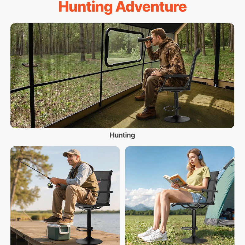 Jahitool, 360° vaikselt pöörlev, kerge varitsustool polsterdatud käetugedega, reguleeritav kõrgus, tugev terasraam, 136 kg kandevõime, sobib kalapüügiks ja telkimiseks.