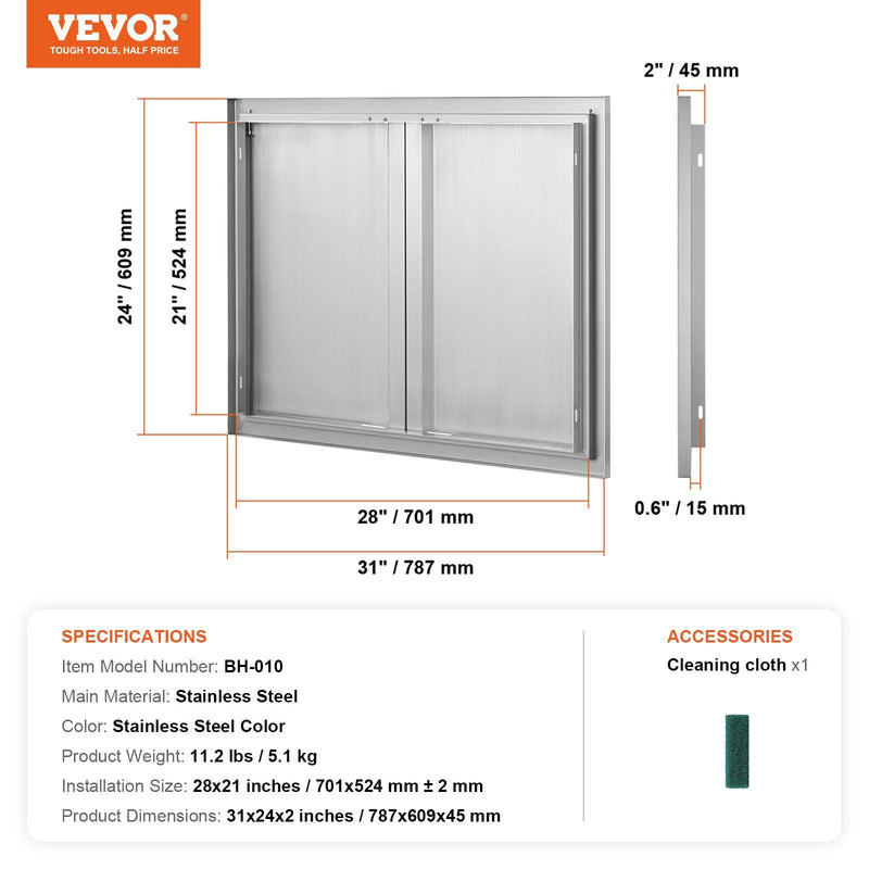 VEVOR nerūsējošā tērauda dubultdurvis grila āra virtuvei, 78,7×60,9 cm, iebūvējamas, vertikālas, ar rokturiem