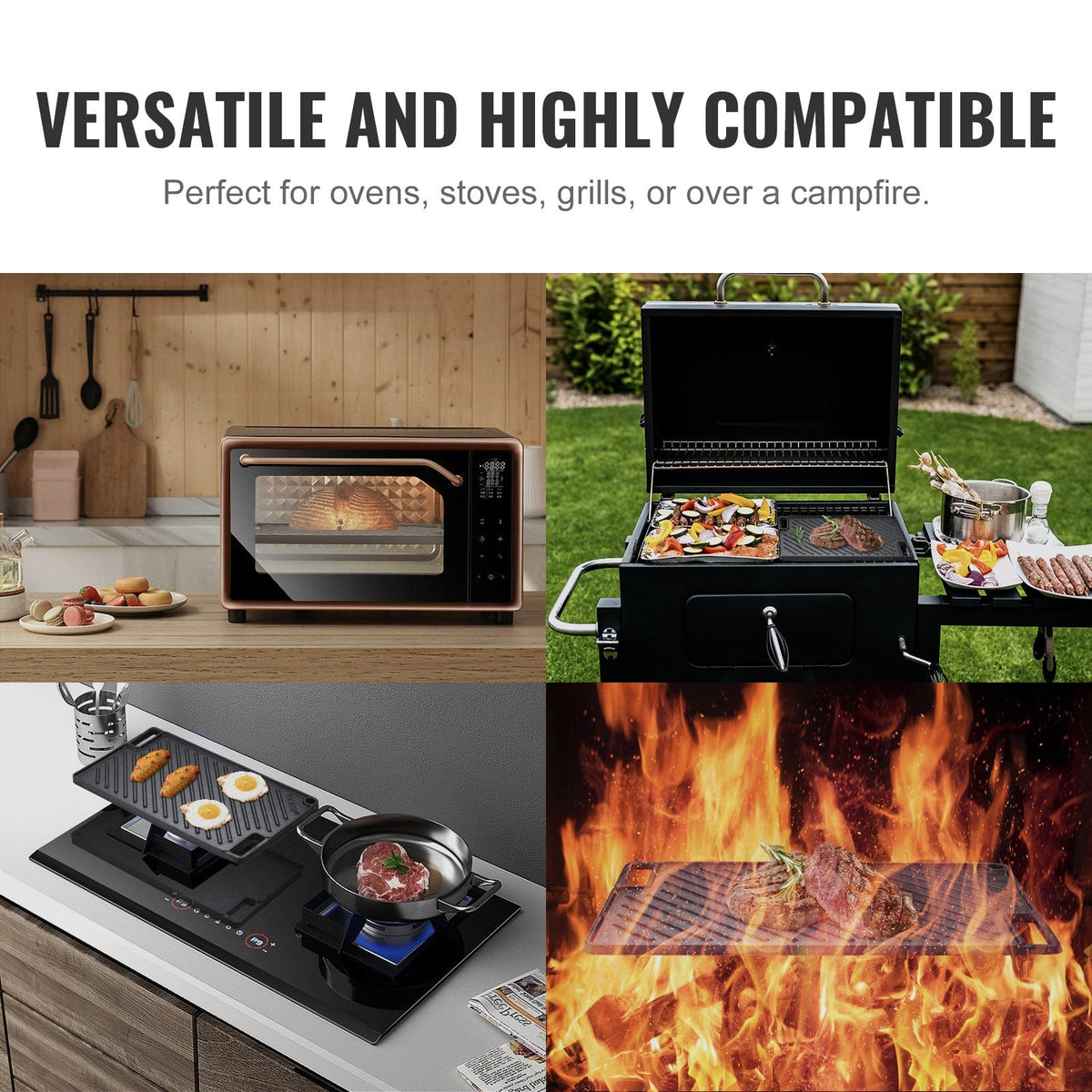 VEVOR Reversā Čuguna Grills/Griddle Panna  24,6 x 42,4 cm, Divu Degļu Izmērs
