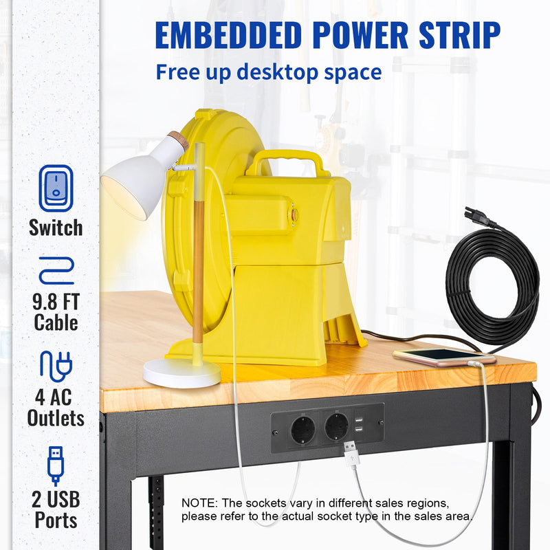 VEVOR augstuma regulējams darbagalds ar rozetēm, 155 x 51 cm