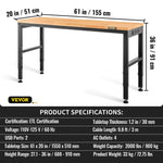 VEVOR augstuma regulējams darbagalds ar rozetēm, 155 x 51 cm