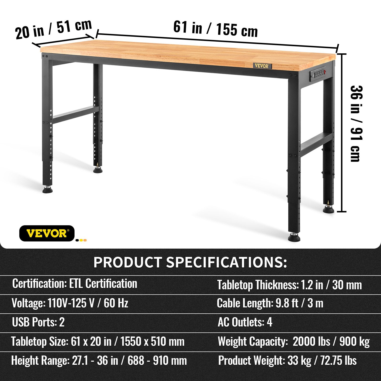 VEVOR augstuma regulējams darbagalds ar rozetēm, 155 x 51 cm