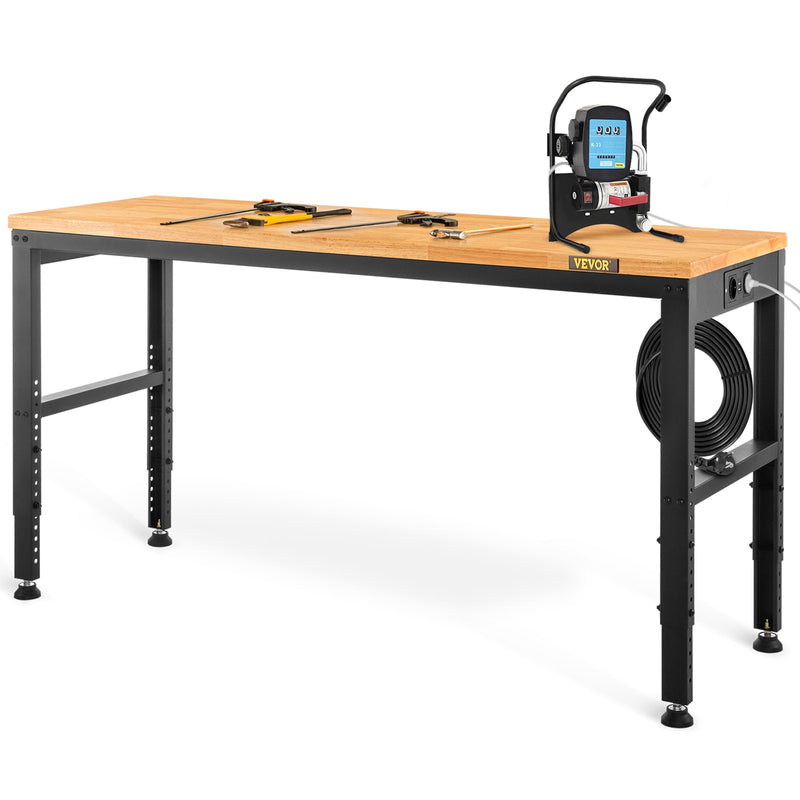 VEVOR height-adjustable work table, 122x61x97 cm, strength 900 kg, with power sockets, solid wood top, metal frame and castors, suitable for office and home