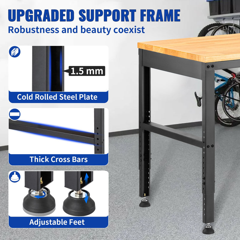 VEVOR height-adjustable work table, 122x61x97 cm, strength 900 kg, with power sockets, solid wood top, metal frame and castors, suitable for office and home