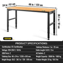 VEVOR height-adjustable work table, 122x61x97 cm, strength 900 kg, with power sockets, solid wood top, metal frame and castors, suitable for office and home