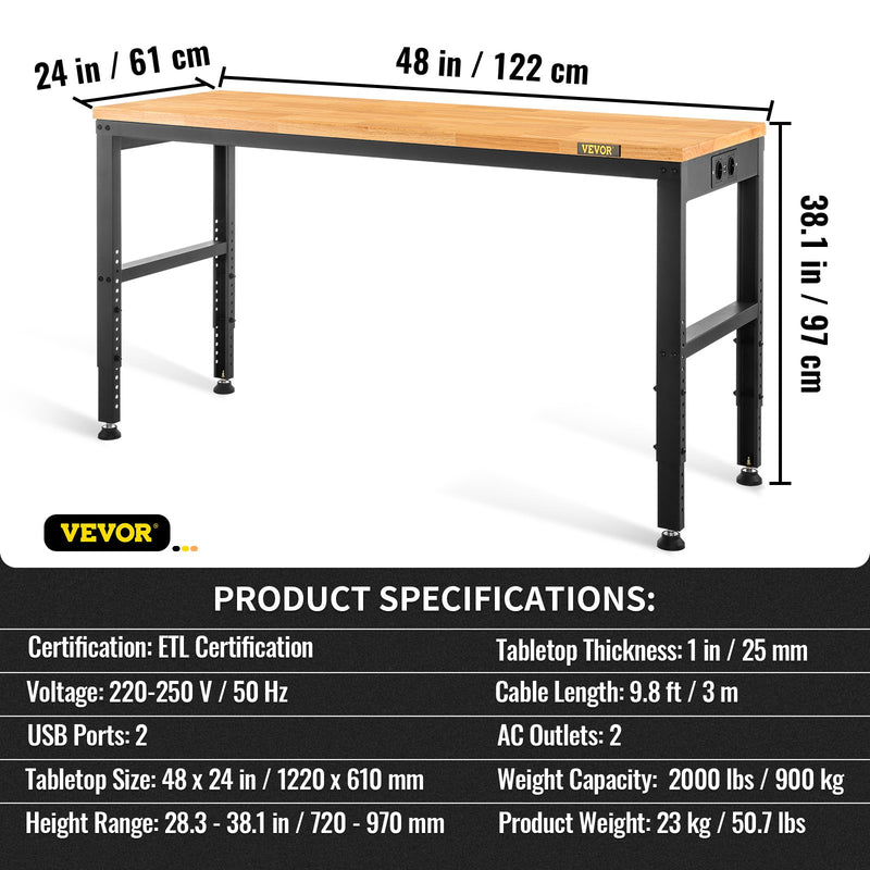 VEVOR height-adjustable work table, 122x61x97 cm, strength 900 kg, with power sockets, solid wood top, metal frame and castors, suitable for office and home
