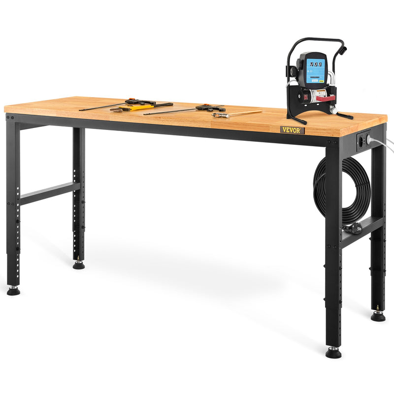 VEVOR height-adjustable work table, 135x46x97 cm, strength 900 kg, with power sockets, solid wood top, metal frame and castors, suitable for office and home