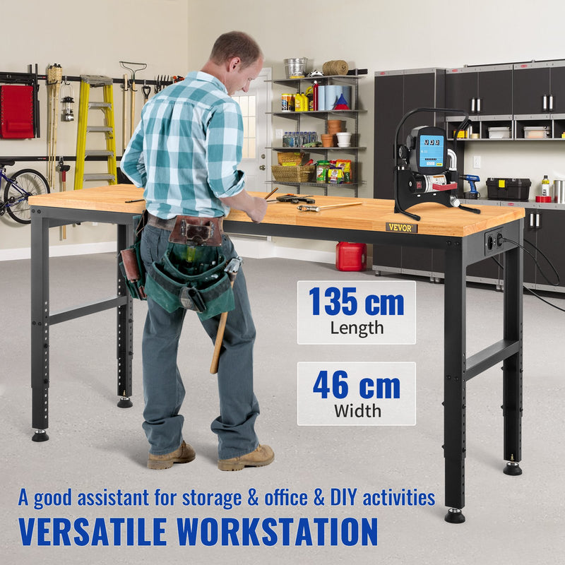 VEVOR height-adjustable work table, 135x46x97 cm, strength 900 kg, with power sockets, solid wood top, metal frame and castors, suitable for office and home