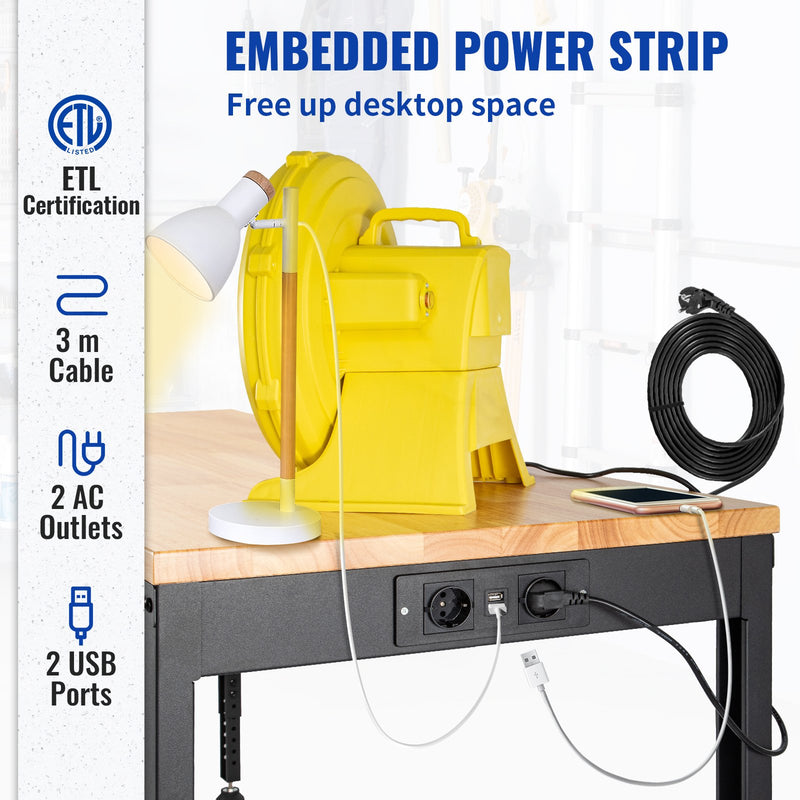 VEVOR height-adjustable work table, 135x46x97 cm, strength 900 kg, with power sockets, solid wood top, metal frame and castors, suitable for office and home