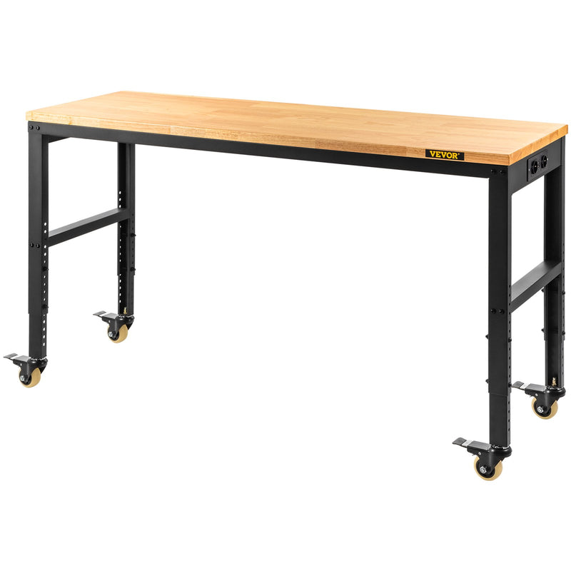 VEVOR height adjustable work table, 155x51x105 cm, strength 720 kg, with power sockets, solid wood top, metal frame and castors, suitable for office and home