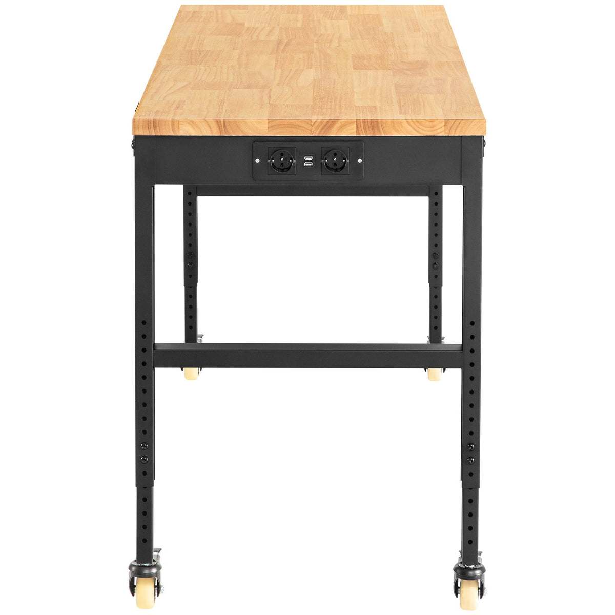 VEVOR darba galds ar regulējamu augstumu, 155x51x105 cm, izturība 720 kg, ar strāvas kontaktligzdām, cieto koka virsmu, metāla rāmi un riteņiem, piemērots birojam un mājai
