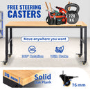 VEVOR height adjustable work table, 155x51x105 cm, strength 720 kg, with power sockets, solid wood top, metal frame and castors, suitable for office and home