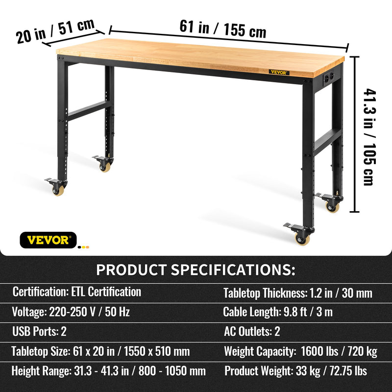 VEVOR height adjustable work table, 155x51x105 cm, strength 720 kg, with power sockets, solid wood top, metal frame and castors, suitable for office and home