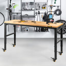 VEVOR height adjustable work table, 155x51x105 cm, strength 720 kg, with power sockets, solid wood top, metal frame and castors, suitable for office and home