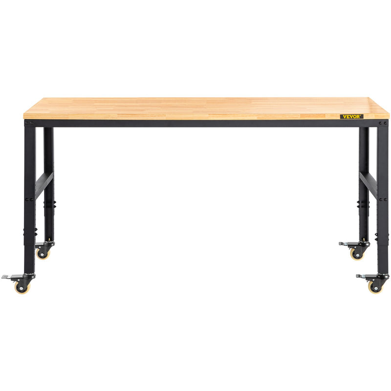 VEVOR height adjustable work table, 155x51x105 cm, strength 720 kg, with power sockets, solid wood top, metal frame and castors, suitable for office and home