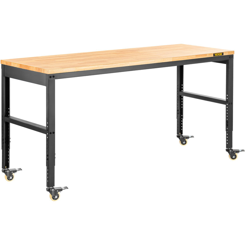 VEVOR height adjustable work table, 122 x 51 cm x 79-104 cm height, 720 kg load capacity, with power sockets, solid wood top, steel frame and swivel castors, suitable for office and home