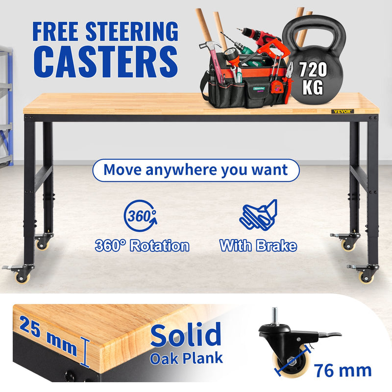 VEVOR height adjustable work table, 122 x 51 cm x 79-104 cm height, 720 kg load capacity, with power sockets, solid wood top, steel frame and swivel castors, suitable for office and home