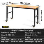 VEVOR darba galds ar regulējamu augstumu, 122 x 51 cm x 79-104 cm augstums, 720 kg slodzes kapacitāti, ar strāvas kontaktligzdām, cieta koka virsmu, tērauda rāmi un rotējošiem riteņiem, piemērots birojam un mājai