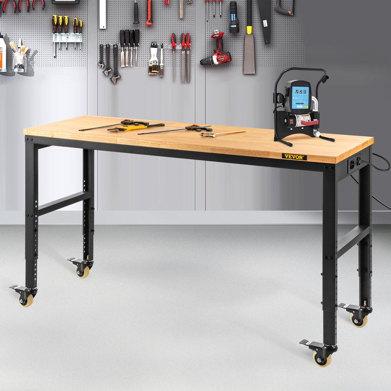 VEVOR height adjustable work table, 122 x 51 cm x 79-104 cm height, 720 kg load capacity, with power sockets, solid wood top, steel frame and swivel castors, suitable for office and home