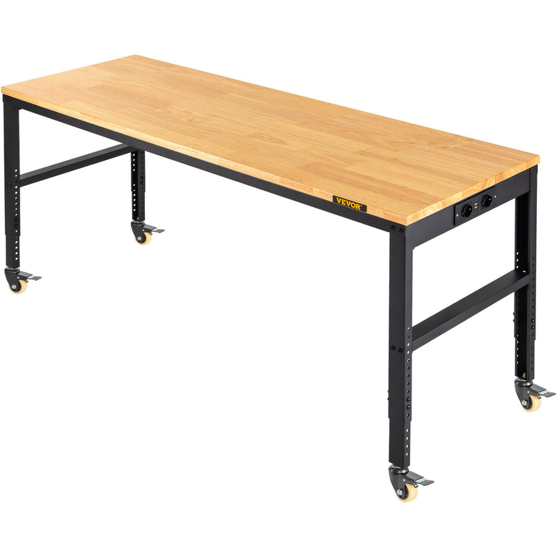 VEVOR height-adjustable work table, 122 cm x61 cm x104 cm, strength 720 kg, with power sockets, solid wood top, metal frame and castors, suitable for office and home