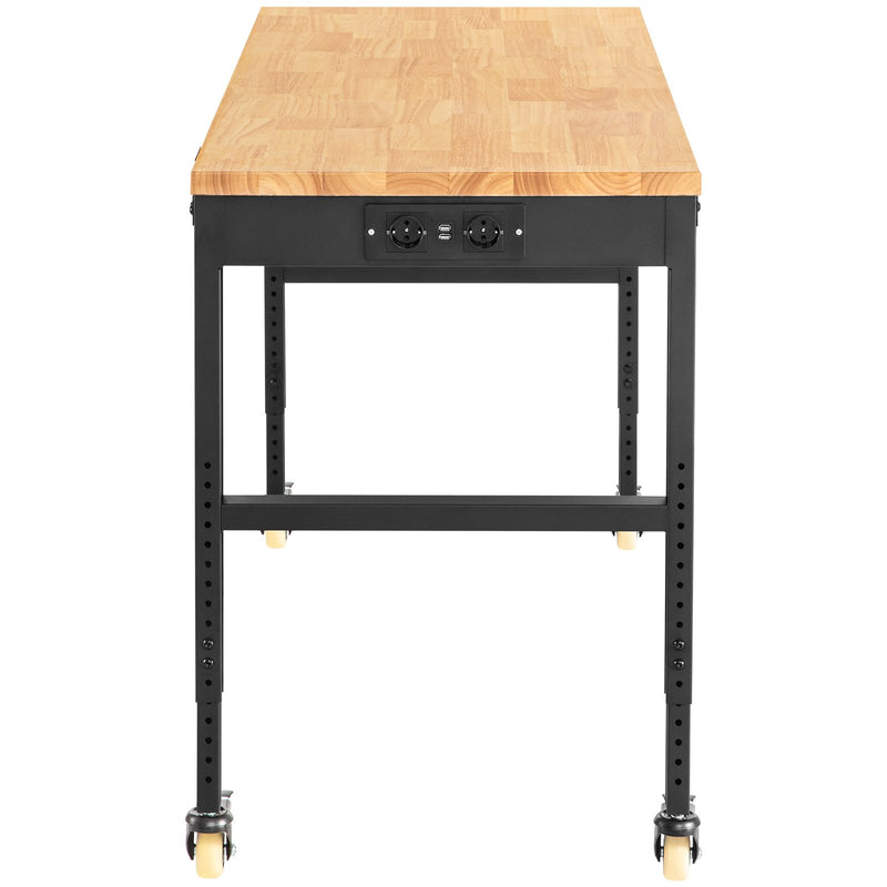 VEVOR height-adjustable work table, 122 cm x61 cm x104 cm, strength 720 kg, with power sockets, solid wood top, metal frame and castors, suitable for office and home