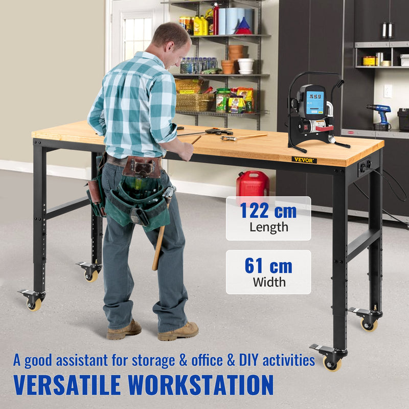 VEVOR height-adjustable work table, 122 cm x61 cm x104 cm, strength 720 kg, with power sockets, solid wood top, metal frame and castors, suitable for office and home