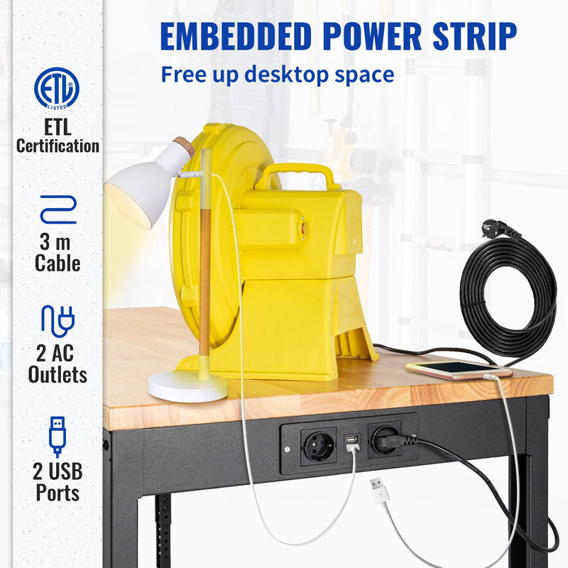 VEVOR height-adjustable work table, 122 cm x61 cm x104 cm, strength 720 kg, with power sockets, solid wood top, metal frame and castors, suitable for office and home