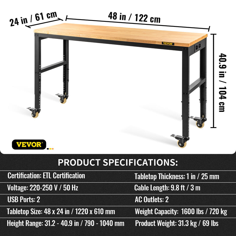 VEVOR height-adjustable work table, 122 cm x61 cm x104 cm, strength 720 kg, with power sockets, solid wood top, metal frame and castors, suitable for office and home