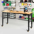 VEVOR height-adjustable work table, 122 cm x61 cm x104 cm, strength 720 kg, with power sockets, solid wood top, metal frame and castors, suitable for office and home