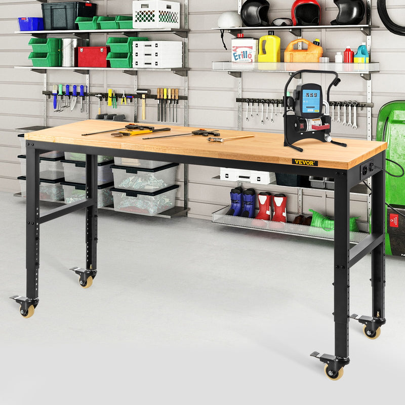 VEVOR height-adjustable work table, 122 cm x61 cm x104 cm, strength 720 kg, with power sockets, solid wood top, metal frame and castors, suitable for office and home