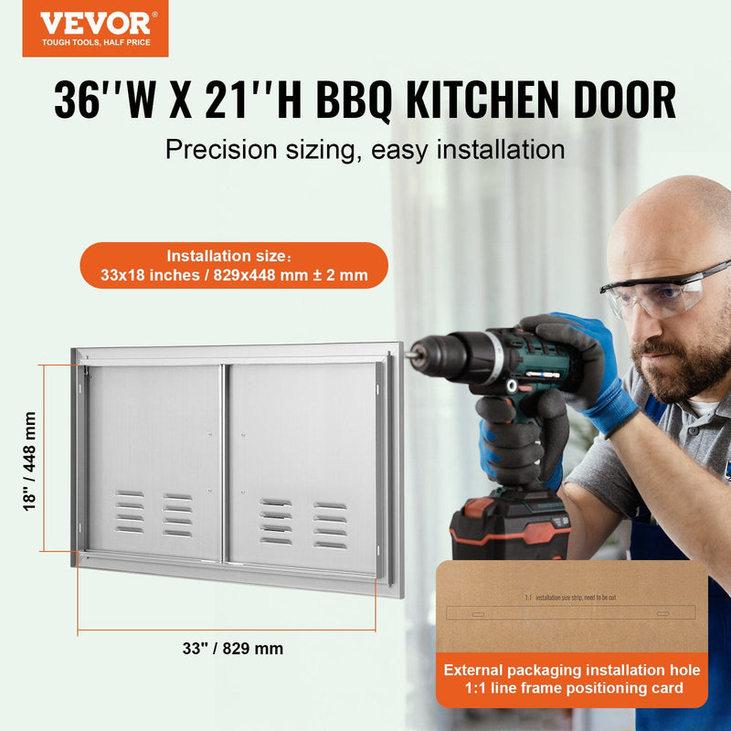 VEVOR BBQ piekļuves durvis, 914 x 534 mm, nerūsējošā tērauda, dubultās durvis ar rokturiem un ventilācijām, āra skapim un grila stacijai