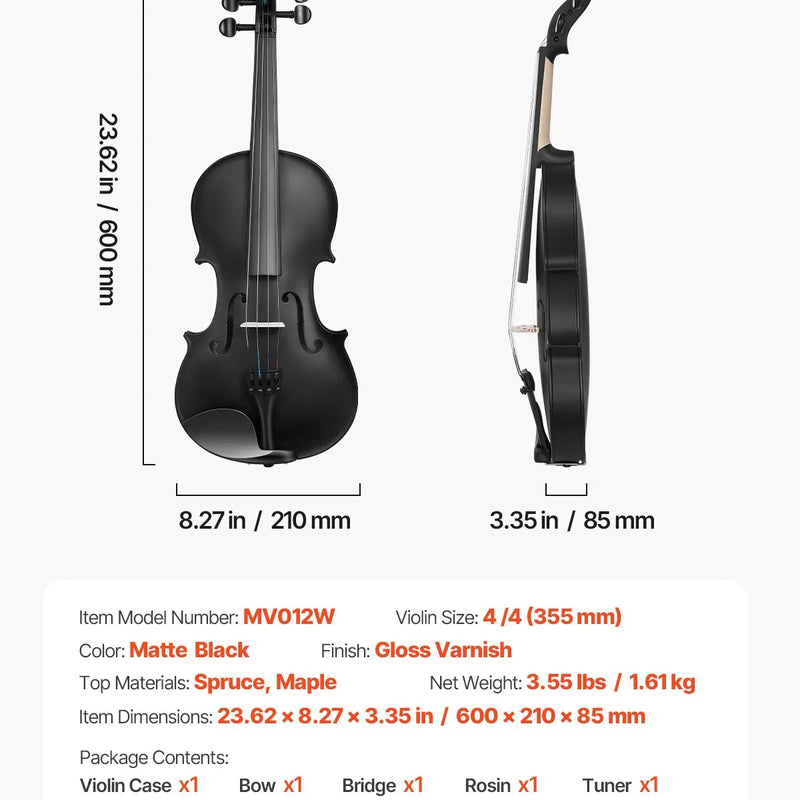 VEVOR 4/4 izmēra vijole 355 mm, masīvkoka komplekts iesācējiem ar futlāri un sveķiem, melna