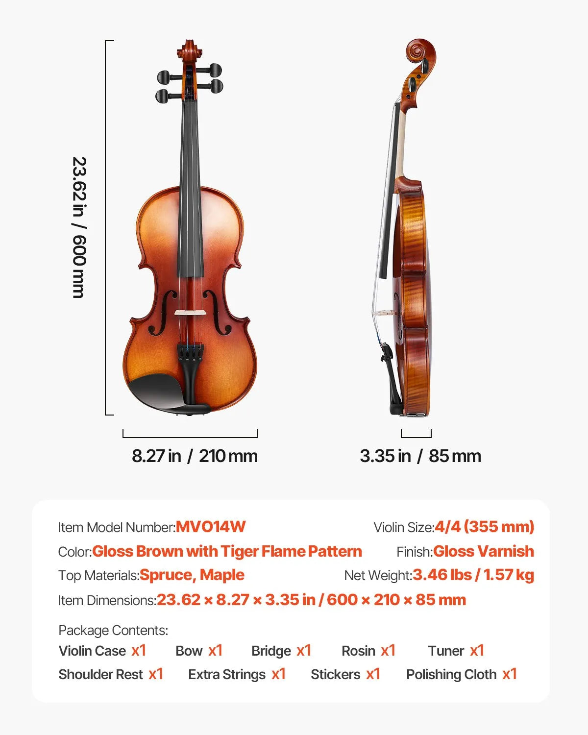 VEVOR 4/4 vijole 355 mm, masīvkoka komplekts iesācējiem, brūns glancēts rakstains dizains