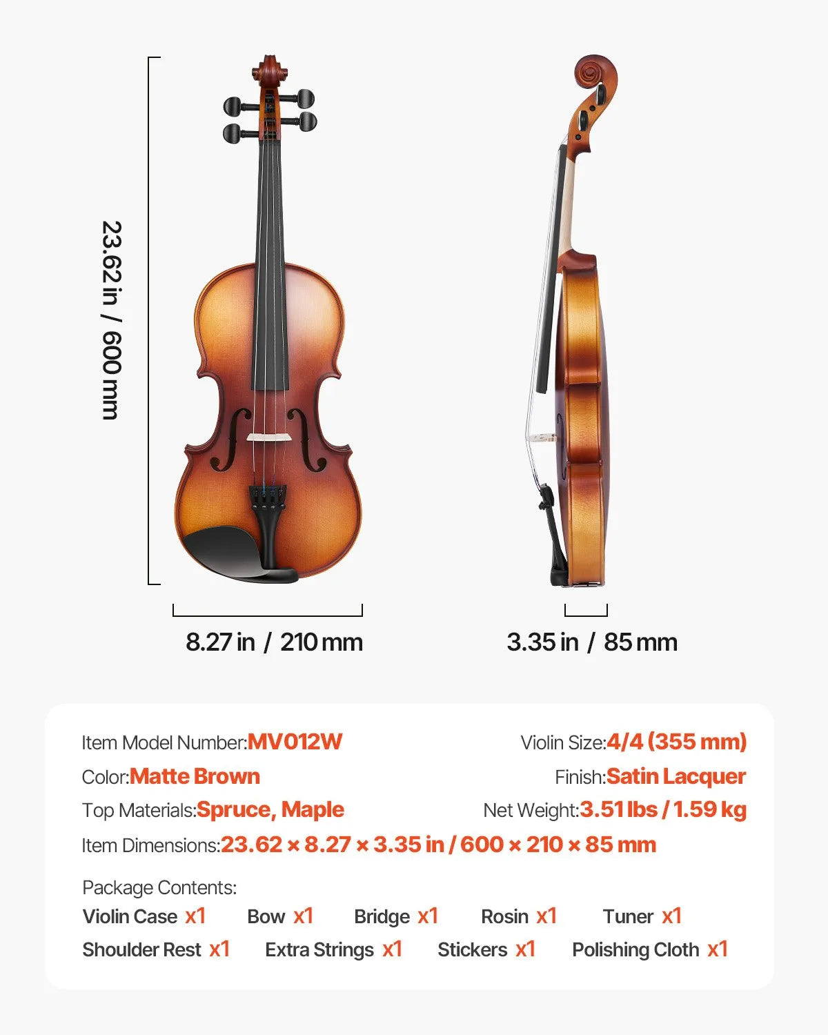 VEVOR 4/4 vijole, 355 mm pilna izmēra komplekts no masīvkoka, iesācējiem, matēti brūna