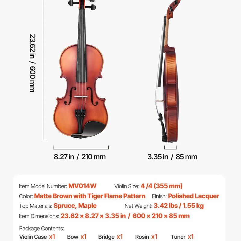VEVOR 4/4 vijole, 355 mm pilna izmēra komplekts no masīvkoka, iesācējiem, matēti brūna ar ornamentētu rakstu