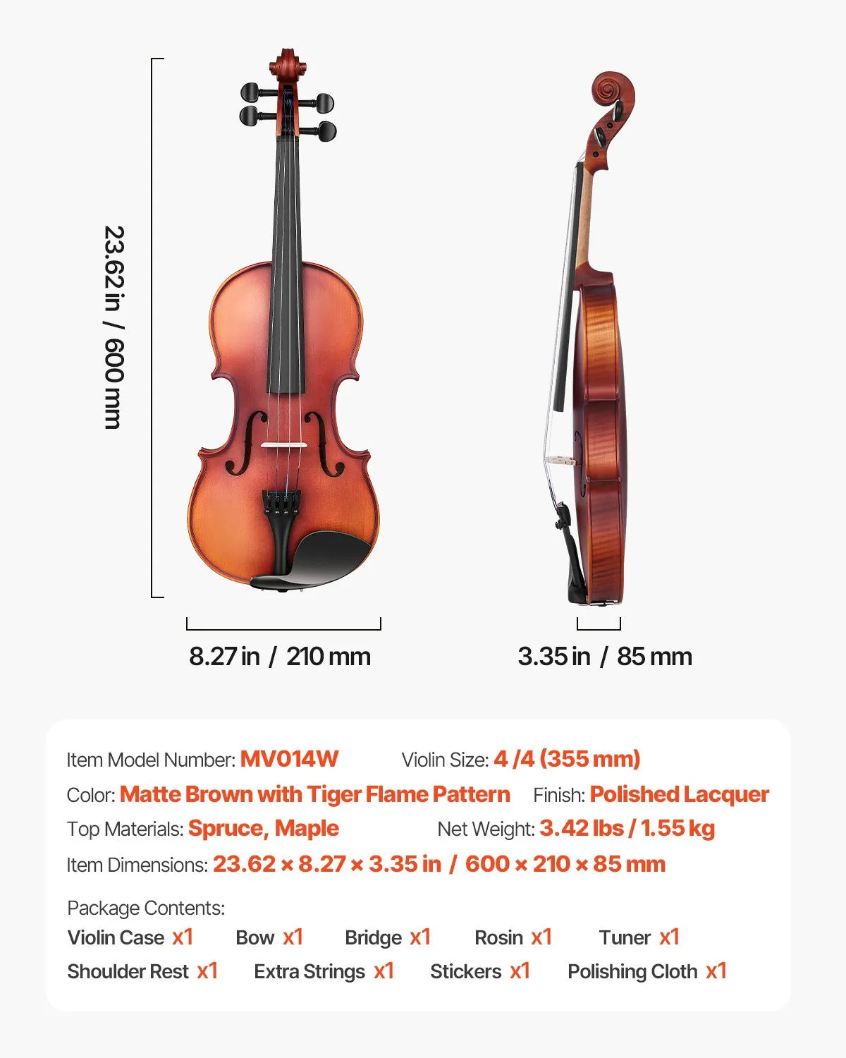 VEVOR 4/4 vijole, 355 mm pilna izmēra komplekts no masīvkoka, iesācējiem, matēti brūna ar ornamentētu rakstu