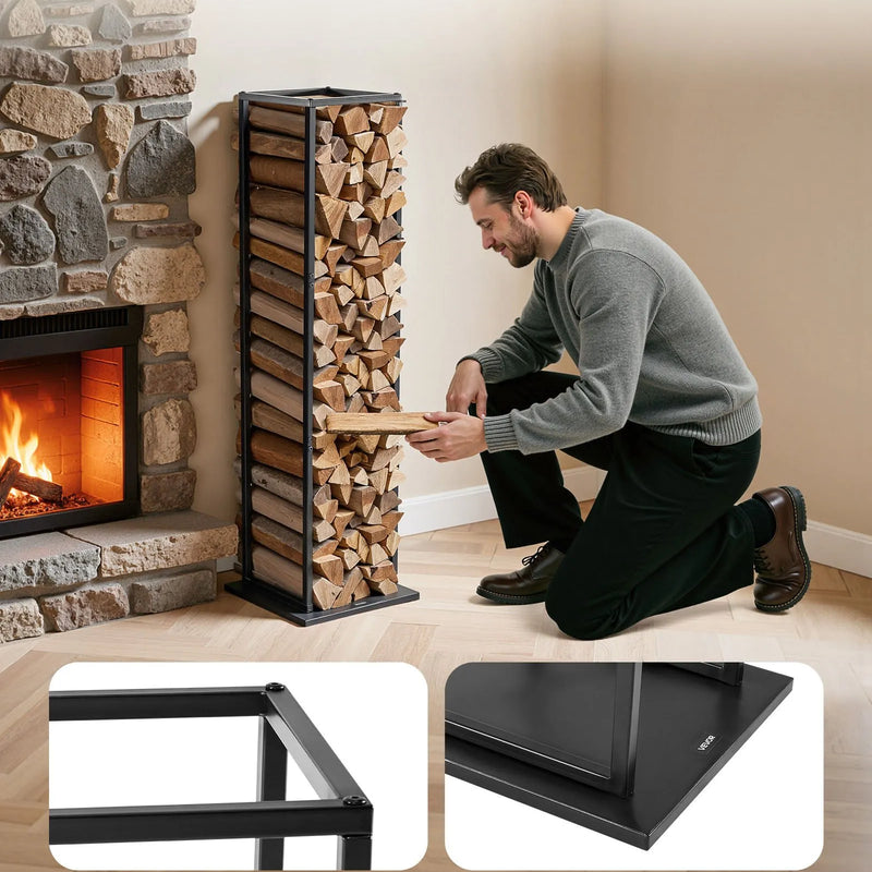VEVOR iekštelpu malkas statīvs, 33 × 32 × 112 cm malkas turētājs, līdz 45 kg kravnesība, augsts glabāšanas statīvs, pulverkrāsota tērauda konstrukcija, izturīgs statīvs kamīnam
