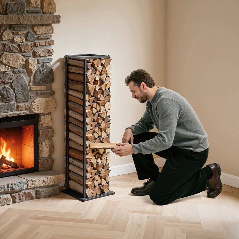 VEVOR iekštelpu malkas statīvs, 33 × 32 × 112 cm malkas turētājs, līdz 45 kg kravnesība, augsts glabāšanas statīvs, pulverkrāsota tērauda konstrukcija, izturīgs statīvs kamīnam