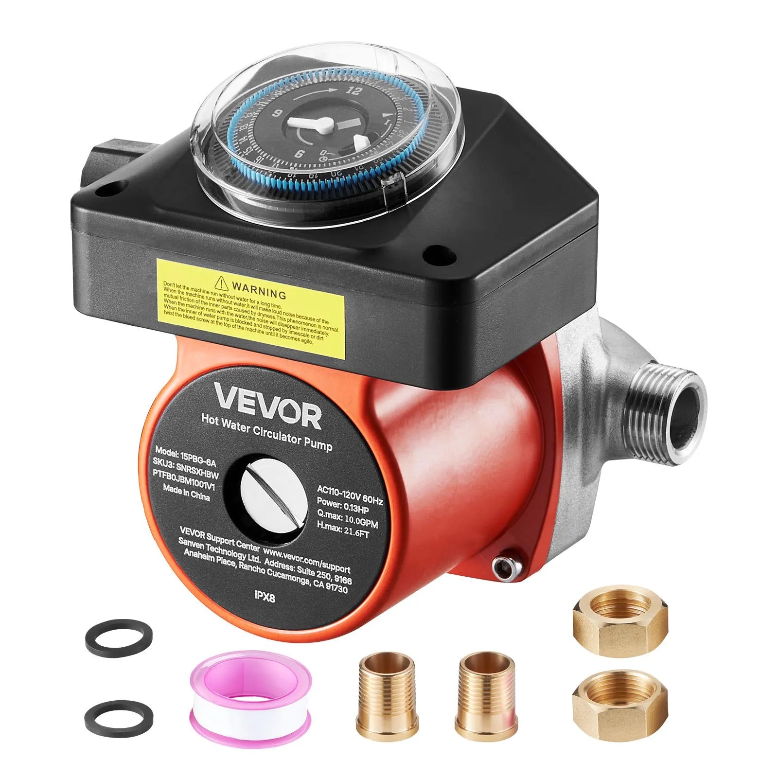 VEVOR karstā ūdens recirkulācijas sūknis ar taimeri, 38 l/min, tūlītējas recirkulācijas komplekts, 100 W, AC 220–240 V, G3/4 līdz G1/2 savienotājs, apkures katliem un saules ūdens sildītājiem