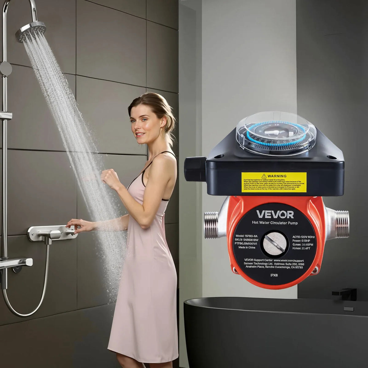 VEVOR karstā ūdens recirkulācijas sūknis ar taimeri, 38 l/min, tūlītējas recirkulācijas komplekts, 100 W, AC 220–240 V, G3/4 līdz G1/2 savienotājs, apkures katliem un saules ūdens sildītājiem
